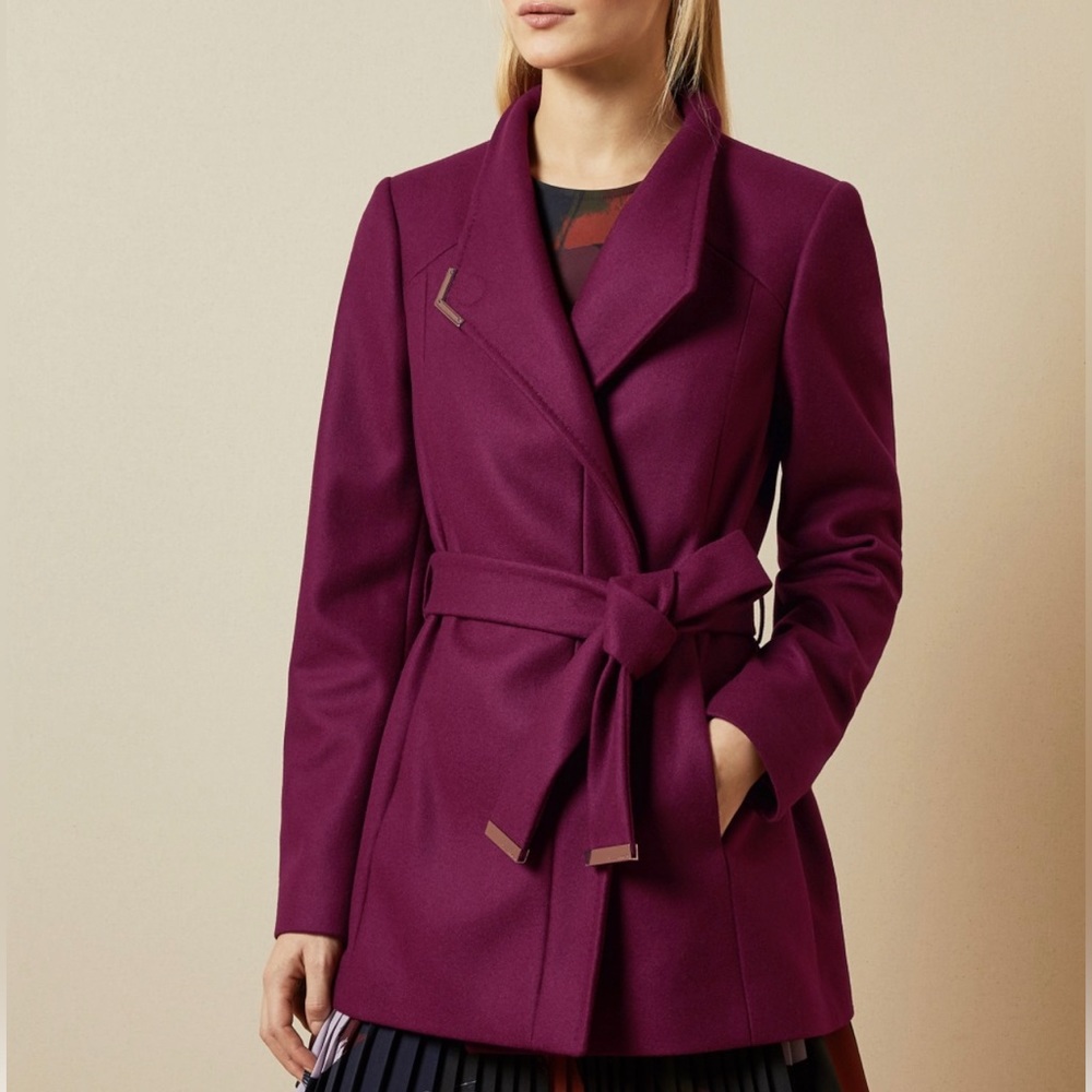 Ted Baker Drytaa Wool Cashmere Short Belted Coat Deep Pink Size 8-10